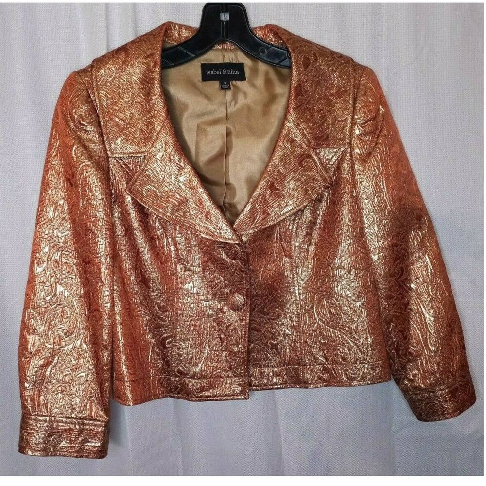 Isabel & Nina 3/4 Sleeve Cropped Smock Jacket Cotton Sz 6 Gold metallic jacquard